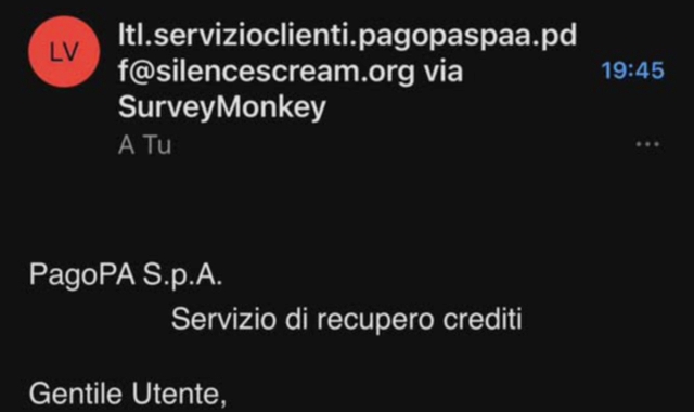 L’intestazione della mail-truffa sulle fantomatiche multe